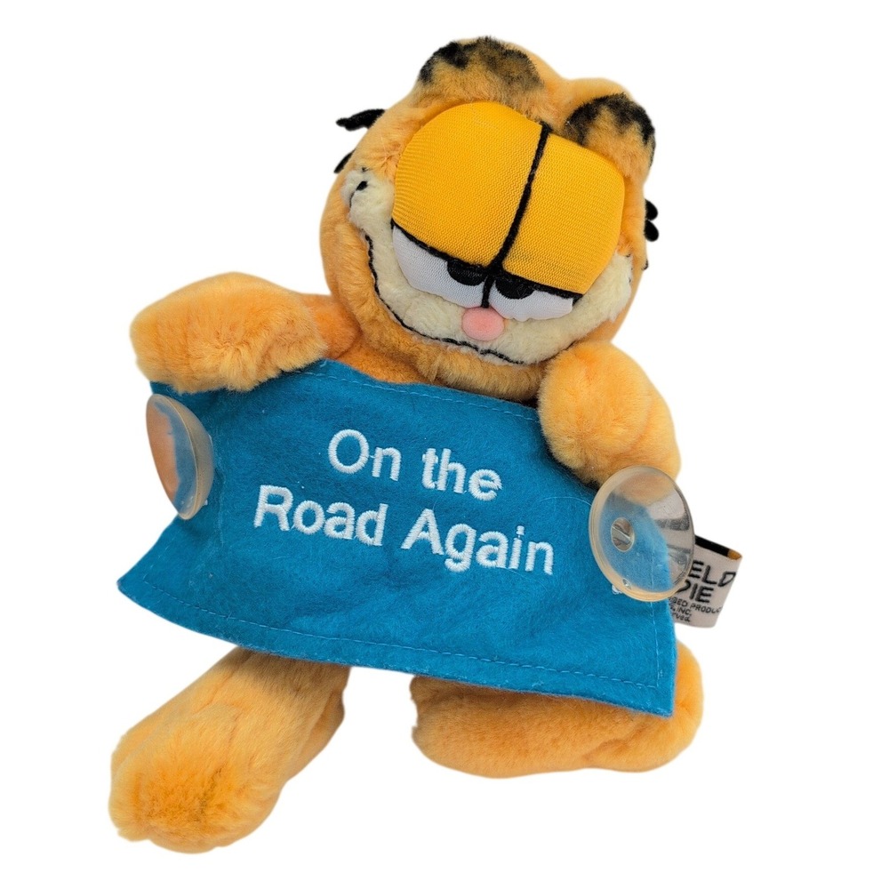 Vintage Garfield Plush Stuffed Animal Car Window Cling Suction Cup On Road Again